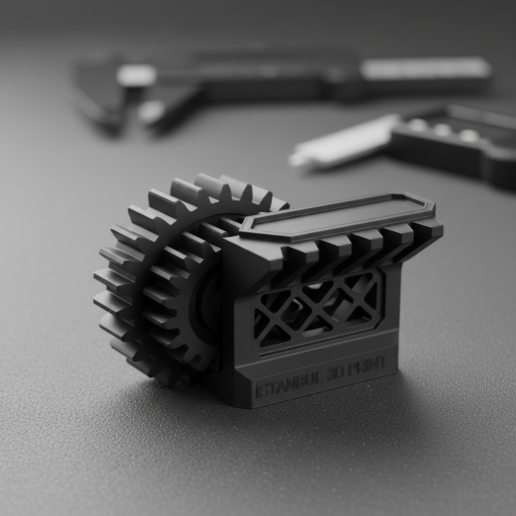 A close-up of a freshly 3D-printed mechanical part in matte black PLA, featuring crisp overhangs, finely resolved gear teeth, and intricate lattice structures that demonstrate high print quality. The object rests on a smooth, dark gray surface with a subtle texture, surrounded by blurred outlines of calipers and a digital micrometer in the background. Soft, directional studio lighting from the left creates delicate highlights on edges and reveals the fine layer lines without harsh glare. Shot with a shallow depth of field from a slightly elevated angle, the composition feels precise, engineering-focused, and professional, ideal for showcasing technical capability and print accuracy in an Istanbul-based online 3D printing service.