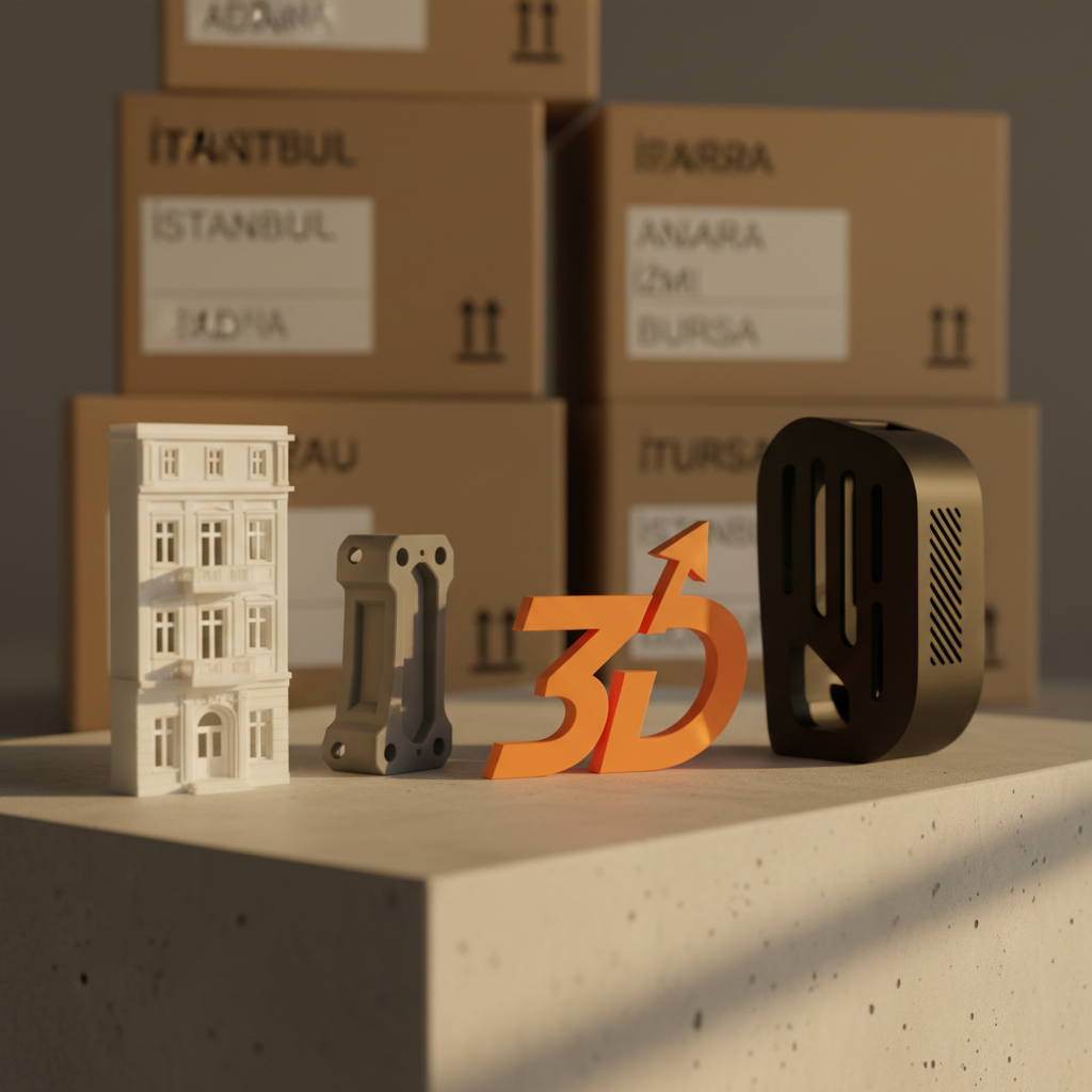A dynamic scene of multiple finished 3D-printed objects arranged together to represent the range of services: a detailed white architectural facade, a gray functional bracket with reinforcing ribs, a bold orange custom logo, and a futuristic matte black gadget enclosure with precise cutouts. They rest on a smooth concrete surface with faint speckles, in front of a softly blurred background hinting at stacked shipping boxes marked for destinations across Turkey. Warm, angled studio lighting from the right creates depth and subtle shadows between objects, adding a sense of volume and quality. Shot at eye level with a slight diagonal composition, the image feels energetic yet orderly, conveying speed, versatility, and nationwide delivery from an Istanbul-based 3D printing hub.