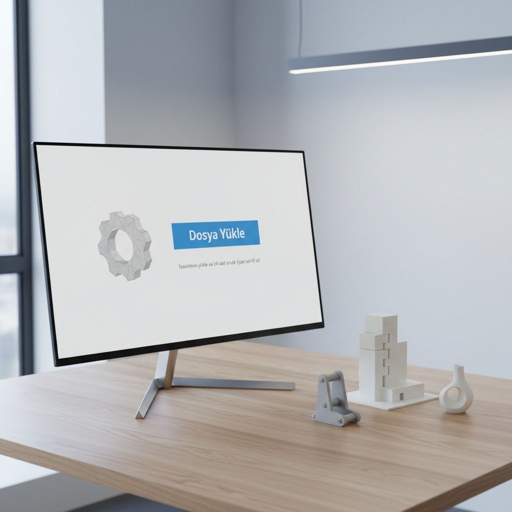 A modern desktop setup designed for an online 3D printing service: a slim, frameless monitor displaying a clean web interface with a large “Dosya Yükle” button and a simple 3D model preview in neutral colors. The monitor stands on a light oak desk beside a small collection of neatly arranged 3D-printed samples in white and gray, including a miniature architectural model and a functional hinge. Ambient cool-white light from an unseen window blends with subtle overhead illumination, creating a bright, trustworthy atmosphere. Captured at a slightly elevated angle with balanced, sharp focus, the composition feels clean, user-friendly, and efficient, emphasizing the simplicity of uploading files and getting a quote within 24 hours.